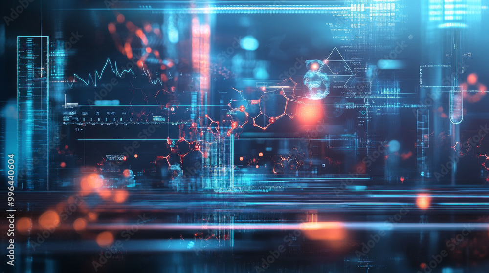 An abstract depiction of scientific research, with floating equations and molecular structures set against a high-tech backdrop An abstract depiction of scientific research, with floating equations and molecular structures set against a high-tech backdrop