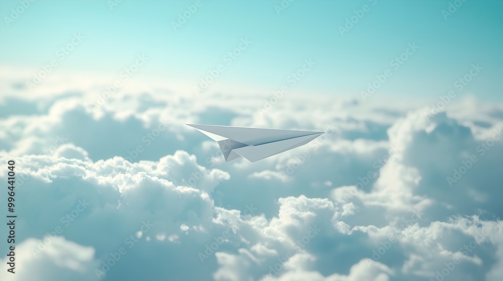 Fototapeta premium White Paper Airplane Soaring Through the Air in Mid-flight Symbolizing Imagination and Freedom