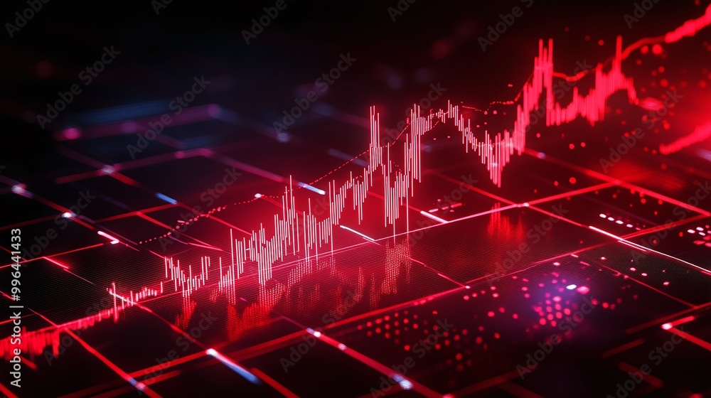 Red stock market graph with digital elements showing a trend in financial data against a dark background. Red stock market graph with digital elements showing a trend in financial data against a dark background.