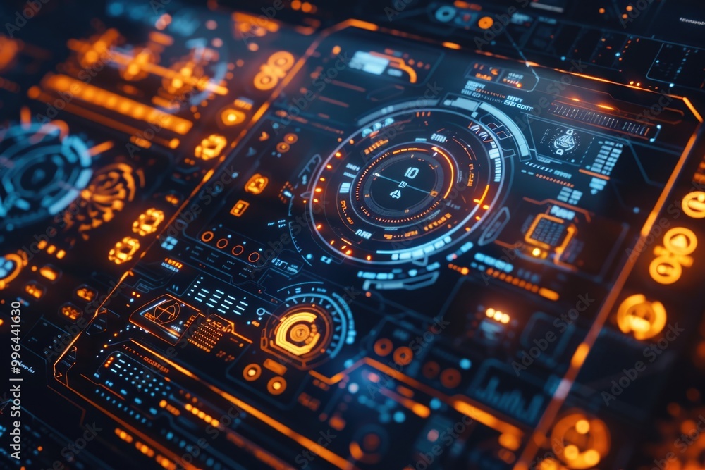 A detailed view of a modern computer screen with a futuristic interface A detailed view of a modern computer screen with a futuristic interface