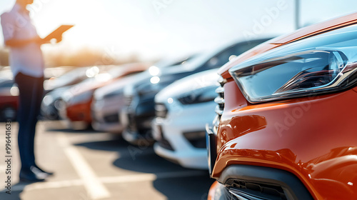 A man inspecting a row of new cars at a dealership, with the focus on the headlight of an orange car in the foreground.