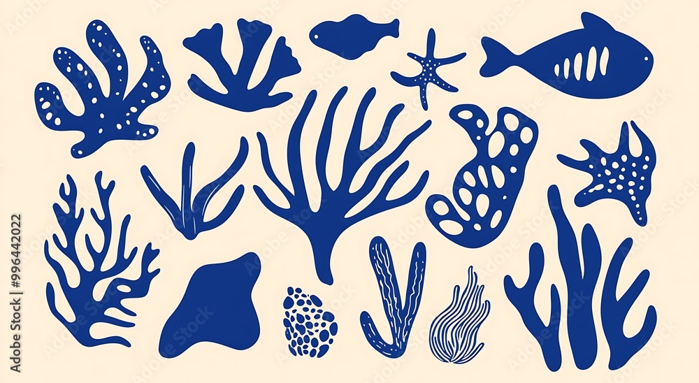 Fototapeta premium A simple vector graphic of various blue sea life shapes