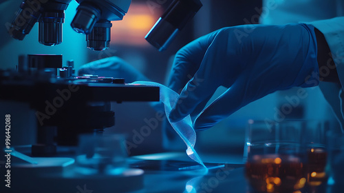 A scientist's gloved hand holds a glass slide with a sample in front of a microscope in a laboratory setting.