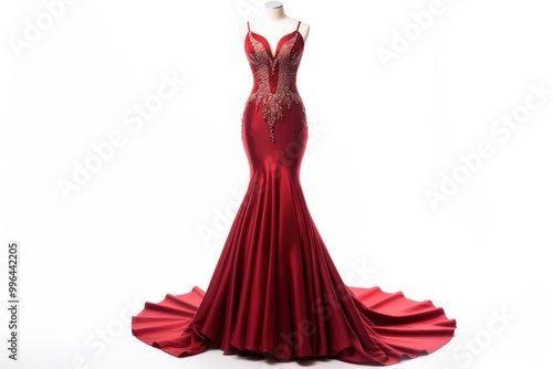 A stunning red prom dress with a fitted bodice and a dramatic mermaid skirt, crafted from luxurious satin and embellished with intricate beading. photo