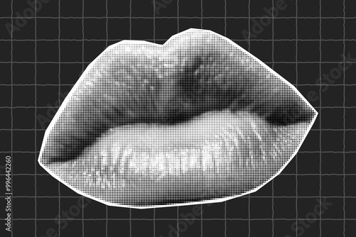 Halftone collage banner, paper cut lips, mouth. Grunge modern newspaper sticker, dotted texture element on dark checkered background.