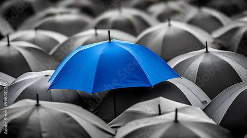 A single blue umbrella stands out from a crowd of black umbrellas.