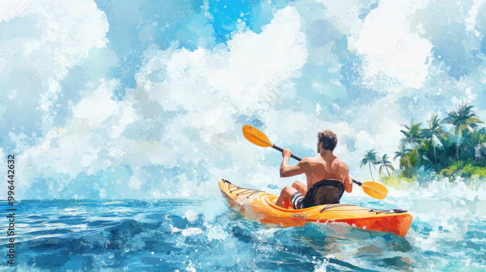 Watercolor painting of a man kayaking in water Watercolor painting of a man kayaking in water