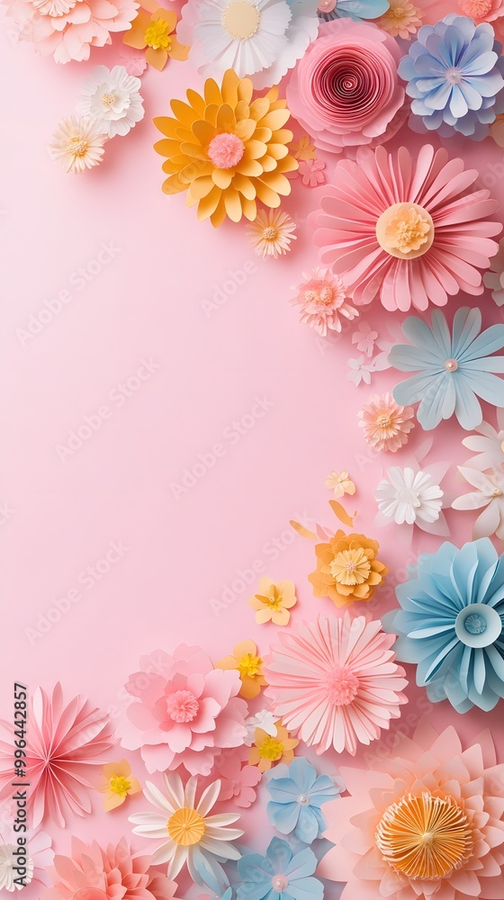 3D paper cut style, pink background with lots of pastel-colored flowers on the side, empty space for text 3D paper cut style, pink background with lots of pastel-colored flowers on the side, empty space for text