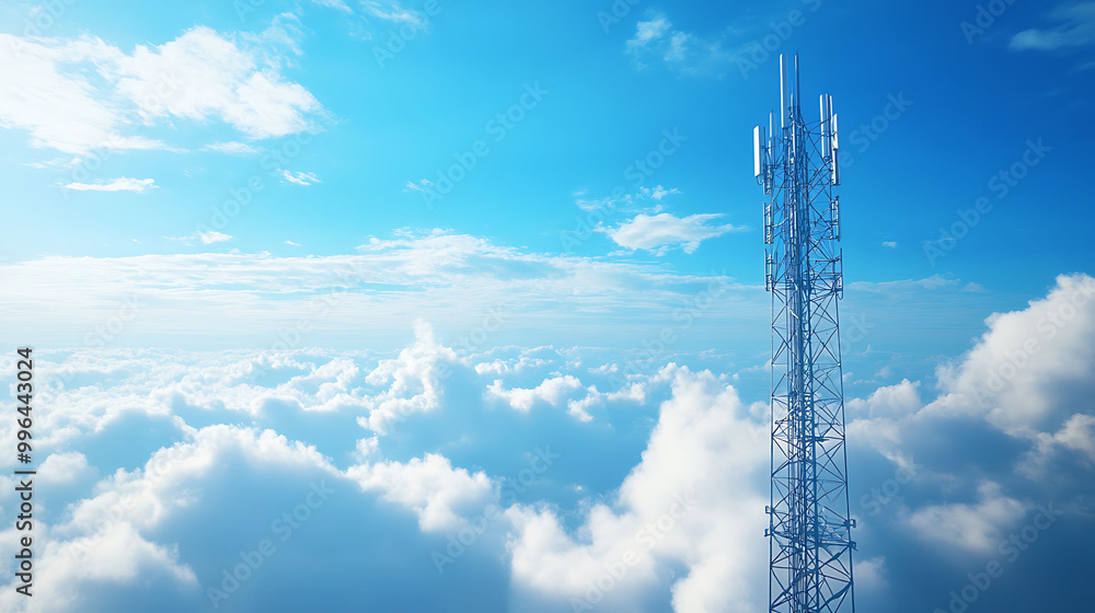 A tall cell phone tower stands against a blue sky with white clouds. A tall cell phone tower stands against a blue sky with white clouds.