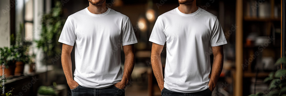 Two men wearing blank white t-shirts. Mockup. Two men wearing blank white t-shirts. Mockup.