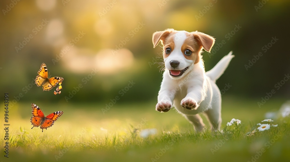 Puppy chasing a butterfly in a garden, soft background with large copy space available. Puppy chasing a butterfly in a garden, soft background with large copy space available.