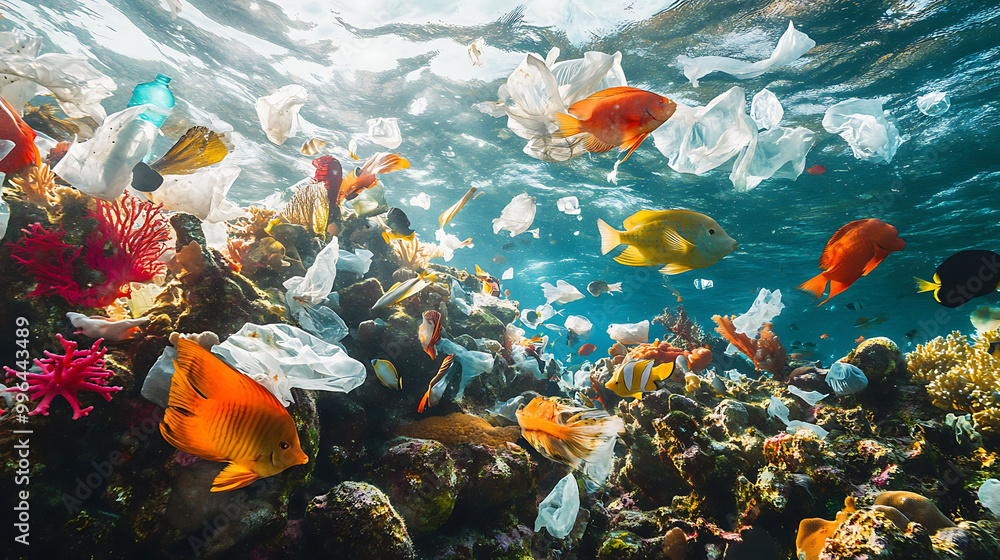 Colorful fish swim amongst plastic debris in a vibrant coral reef. Colorful fish swim amongst plastic debris in a vibrant coral reef.