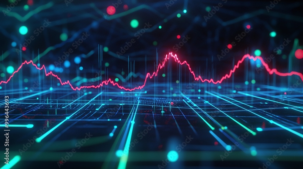 Vibrant digital graph with glowing lines and dots, illustrating data trends on a futuristic grid background. Vibrant digital graph with glowing lines and dots, illustrating data trends on a futuristic grid background.