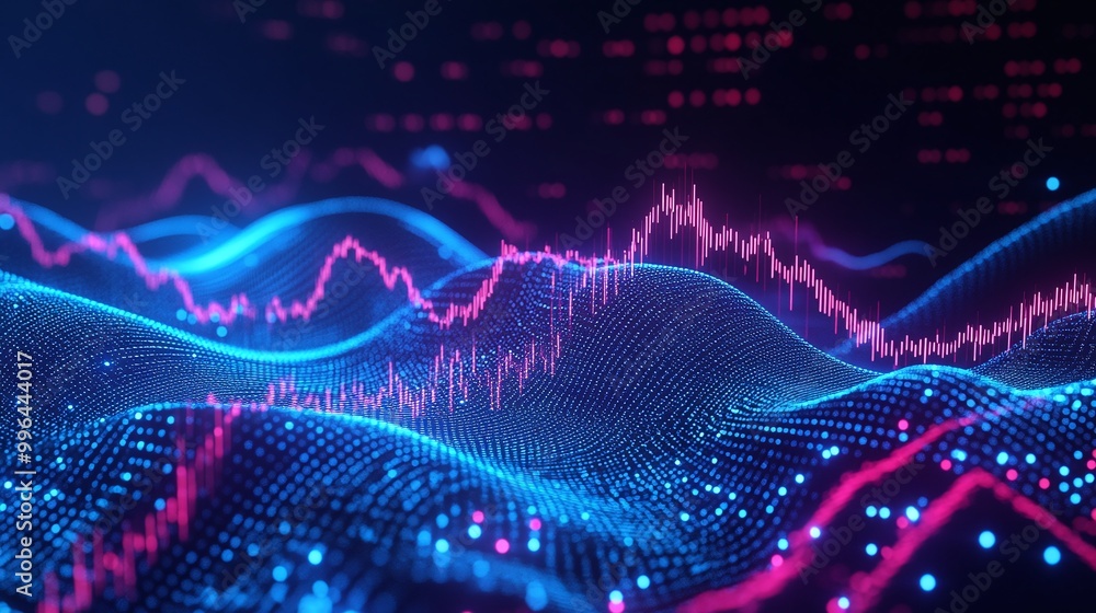 Vibrant digital wave graph showcasing data trends in blue and pink hues. Vibrant digital wave graph showcasing data trends in blue and pink hues.