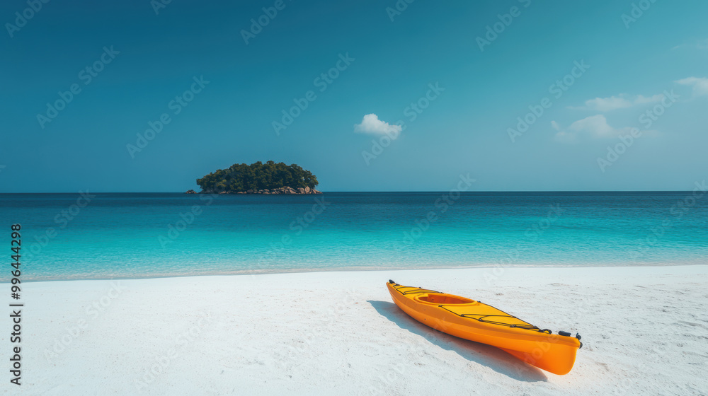 Kayak boat in tropical beach with island in sea Kayak boat in tropical beach with island in sea