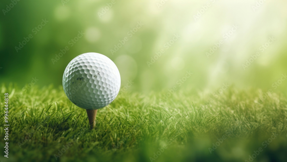 golf ball is sitting on a tee with a golf club in the background. golf ball is sitting on a tee with a golf club in the background.