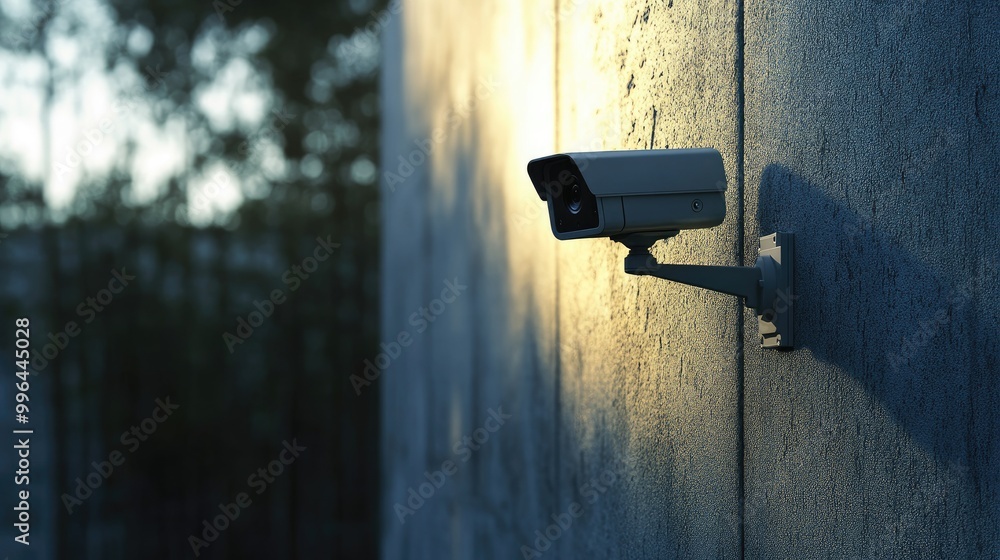 CCTV camera on a wall, securing a business or residential area, offering peace of mind with its sleek design CCTV camera on a wall, securing a business or residential area, offering peace of mind with its sleek design