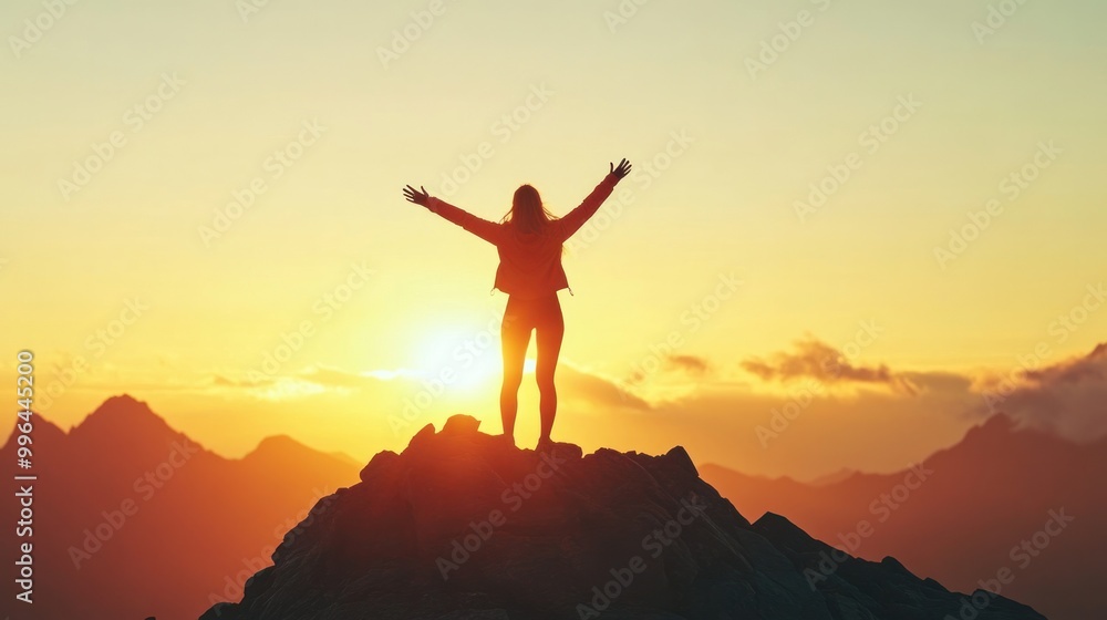 Woman standing victorious on mountain peak, arms wide in celebration of her personal growth and success, sunrise backdrop, isolate on white background Woman standing victorious on mountain peak, arms wide in celebration of her personal growth and success, sunrise backdrop, isolate on white background
