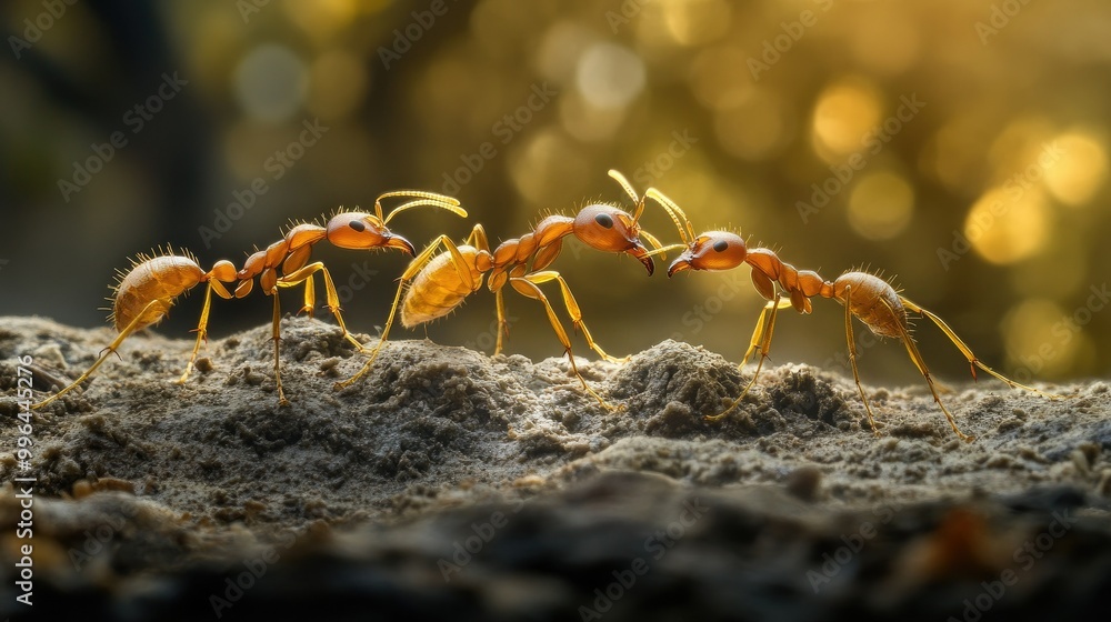 Fototapeta premium Weaver ants teaming up to hunt a larger insect, showing their impressive coordination and strength.
