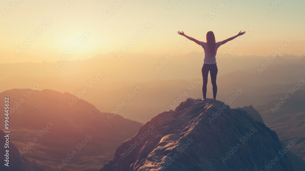 Woman standing with arms open wide on a mountain peak, welcoming the sunrise of success and personal development, isolate on white background Woman standing with arms open wide on a mountain peak, welcoming the sunrise of success and personal development, isolate on white background