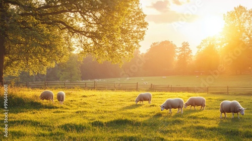 Sheep grazing in a sunlit pasture on a peaceful farm, no people, with copy space for text.