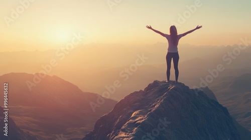 Woman standing with arms open wide on a mountain peak, welcoming the sunrise of success and personal development, isolate on white background