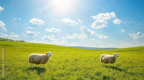 Sheep grazing peacefully on a sunny farm field, wide open skies with large areas of copy space.