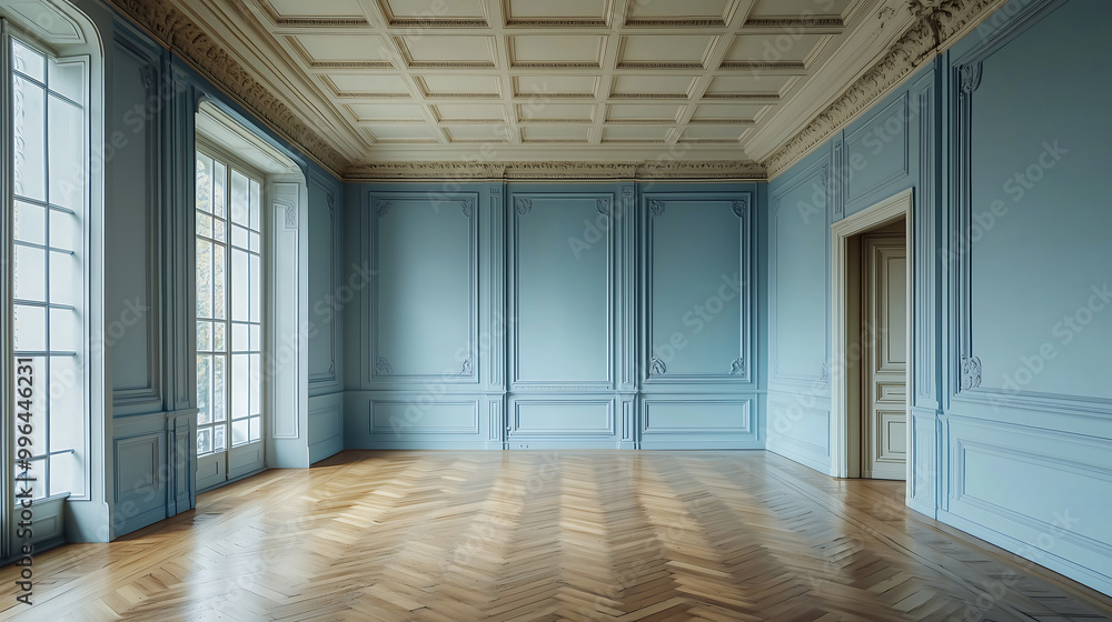 Elegant Empty Room with Blue Walls and Parquet Flooring Elegant Empty Room with Blue Walls and Parquet Flooring