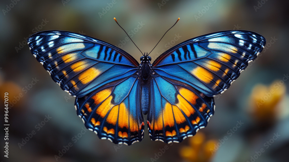 A vibrant butterfly with blue, orange, and black wings. A vibrant butterfly with blue, orange, and black wings.