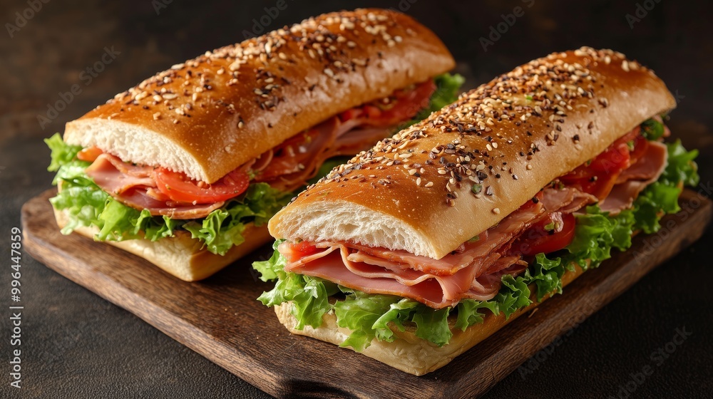 Two large sub sandwiches with ham, lettuce and tomato on a wooden board against a dark background Two large sub sandwiches with ham, lettuce and tomato on a wooden board against a dark background