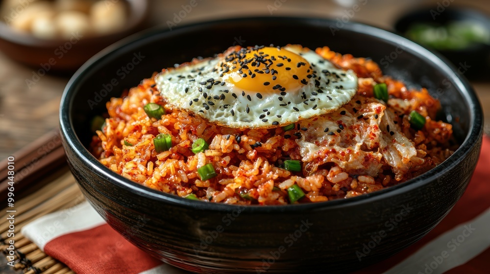 Hearty Korean kimchi fried rice with pungent fermented cabbage tender meat and a perfectly cooked egg artfully assembled by a joyful Korean chef on the Korean flag background with free copy space Hearty Korean kimchi fried rice with pungent fermented cabbage tender meat and a perfectly cooked egg artfully assembled by a joyful Korean chef on the Korean flag background with free copy space