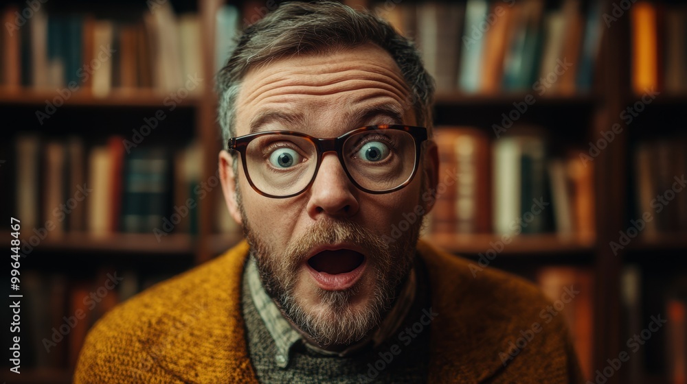 Portrait of a writer with a surprised expression on a cozy library like background Portrait of a writer with a surprised expression on a cozy library like background