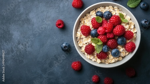 Top view of oats and fresh berries in a bowl, healthy breakfast option for weight loss, with copy space.