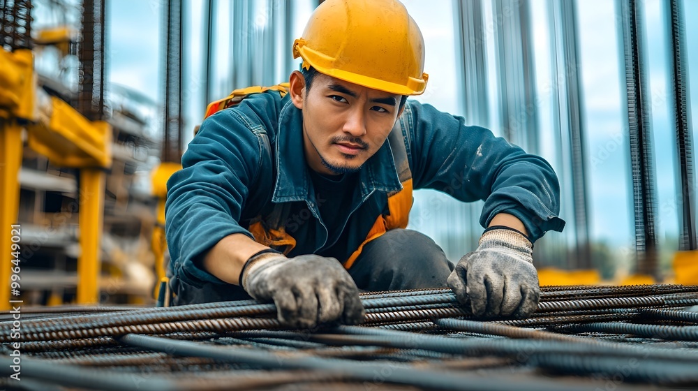 Construction Worker Wearing Hard Hat While Working on Building Site Construction Worker Wearing Hard Hat While Working on Building Site