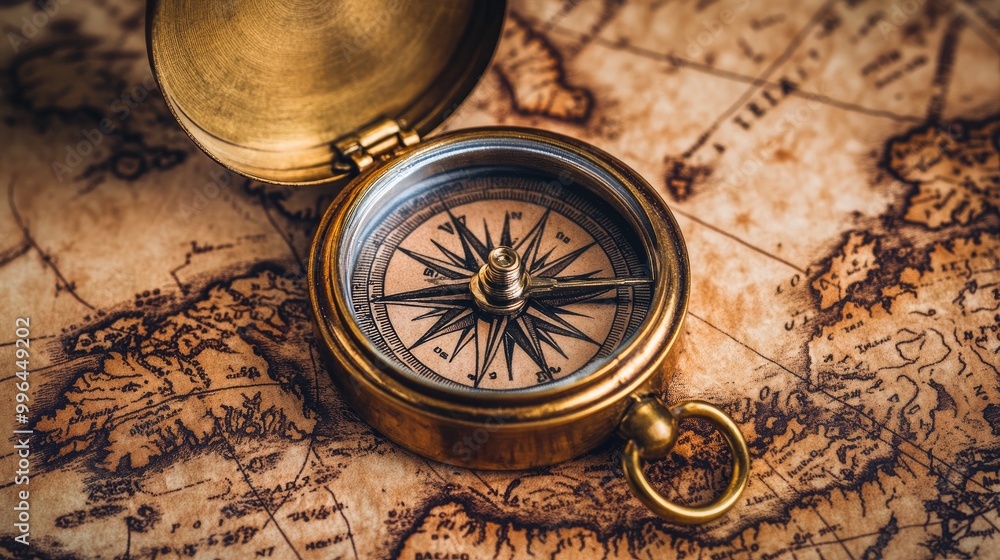 Close-up of an old brass compass atop a detailed vintage map, representing exploration and travel. Close-up of an old brass compass atop a detailed vintage map, representing exploration and travel.