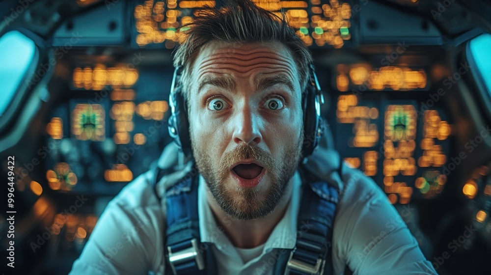 Surprised Pilot: Astonished Aviator in Front of Stylish Aviation Backdrop Surprised Pilot: Astonished Aviator in Front of Stylish Aviation Backdrop