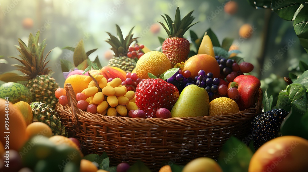 A vibrant basket filled with a variety of fresh fruits, including tropical and seasonal selections, set against a lush, natural background. A vibrant basket filled with a variety of fresh fruits, including tropical and seasonal selections, set against a lush, natural background.