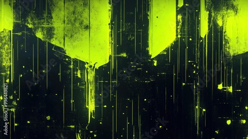 A striking abstract digital art in green and black with sharp vertical and geometric lines and textured elements.