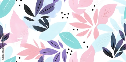 Playful seamless pattern featuring pastel colored tropical leaves