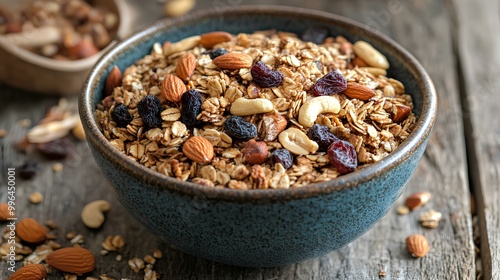 A bowl of granola mixed with nuts and dried fruits sits on a rustic wooden surface, highlighting a healthy and wholesome breakfast option.