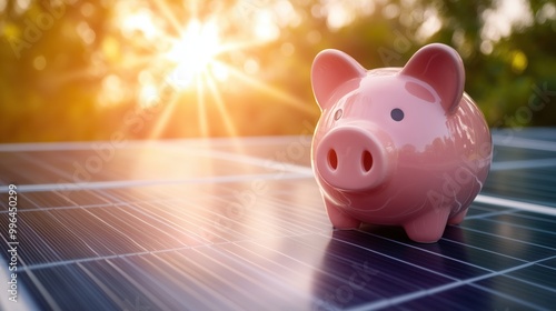 A pink piggy bank is placed on a solar panel with sunlight breaking through greenery in the background.