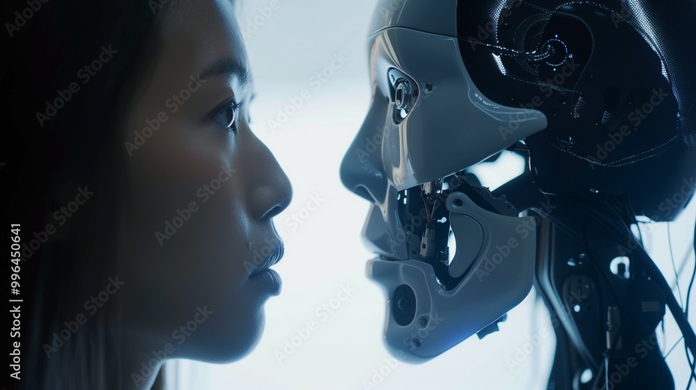 Fototapeta premium Girl looks into the eyes of a white robot