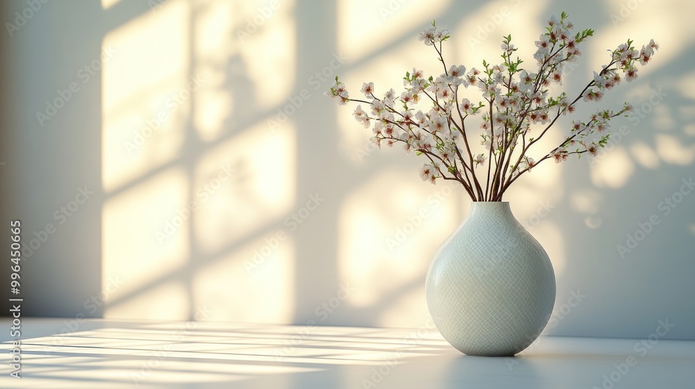 A vase with flowering branches, casting soft shadows on a table. A vase with flowering branches, casting soft shadows on a table.