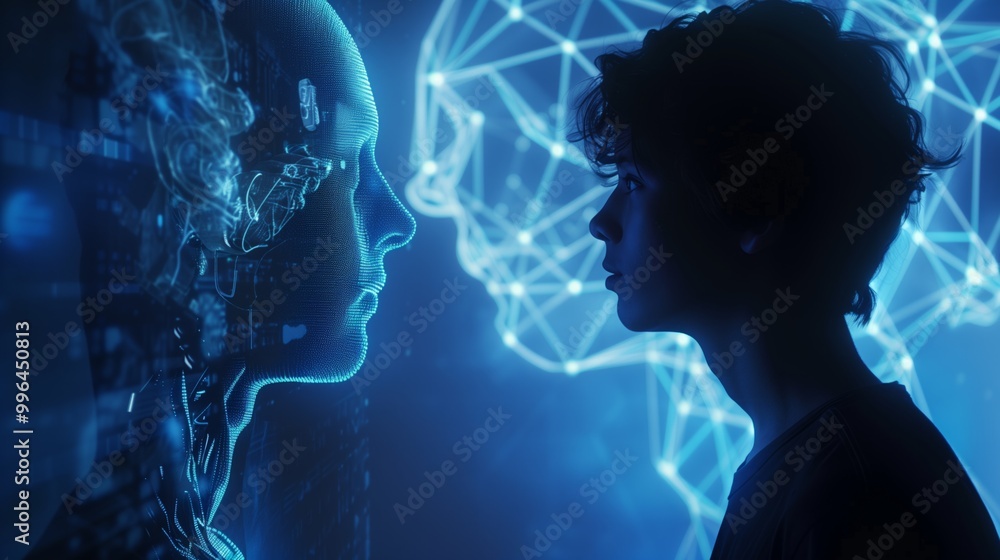 A man is looking at a computer screen that has a blue face on it A man is looking at a computer screen that has a blue face on it