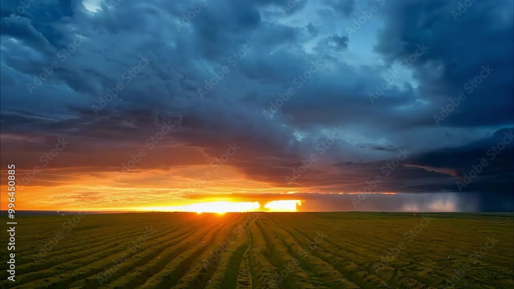 A dramatic sky at sunset over a field, with contrasting dark storm clouds and vibrant orange and blue hues. A dramatic sky at sunset over a field, with contrasting dark storm clouds and vibrant orange and blue hues.