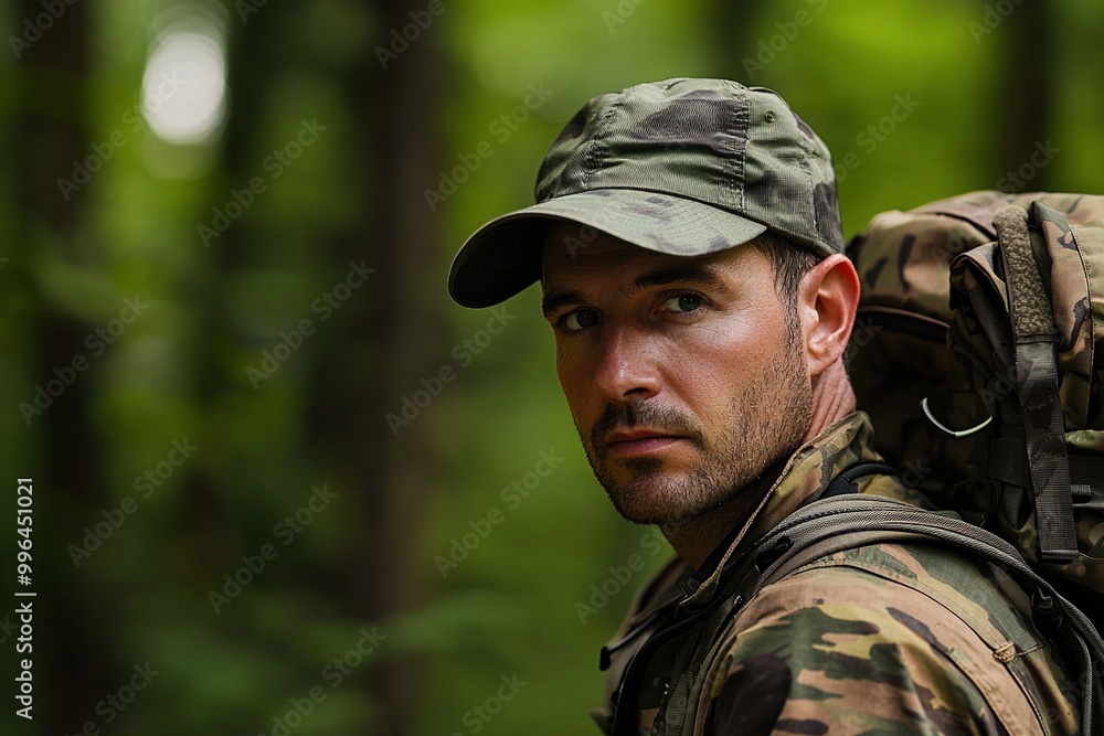 Hiker in the forest wearing military hat and backpack. Adventurer, explorer. Generative Ai Hiker in the forest wearing military hat and backpack. Adventurer, explorer. Generative Ai