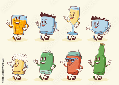 Groovy Beer, Coffee and Champagne Retro Characters Illustrations Set. Cartoon Whisky Drink Glass Paper and Can Containers Walking Smiling Vector Food Mascot Template Happy Vintage Beverages Drawings