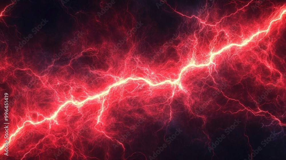 Electric red lightning branches out in sharp patterns on a dark background, giving a powerful abstract look. Electric red lightning branches out in sharp patterns on a dark background, giving a powerful abstract look.