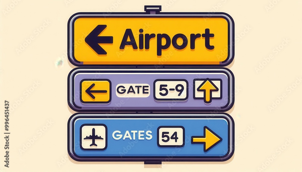 Three stacked airport signs pointing in different directions for airport and gates..Concept: Navigating the airport, Finding your way, Travel guidance and information Three stacked airport signs pointing in different directions for airport and gates..Concept: Navigating the airport, Finding your way, Travel guidance and information