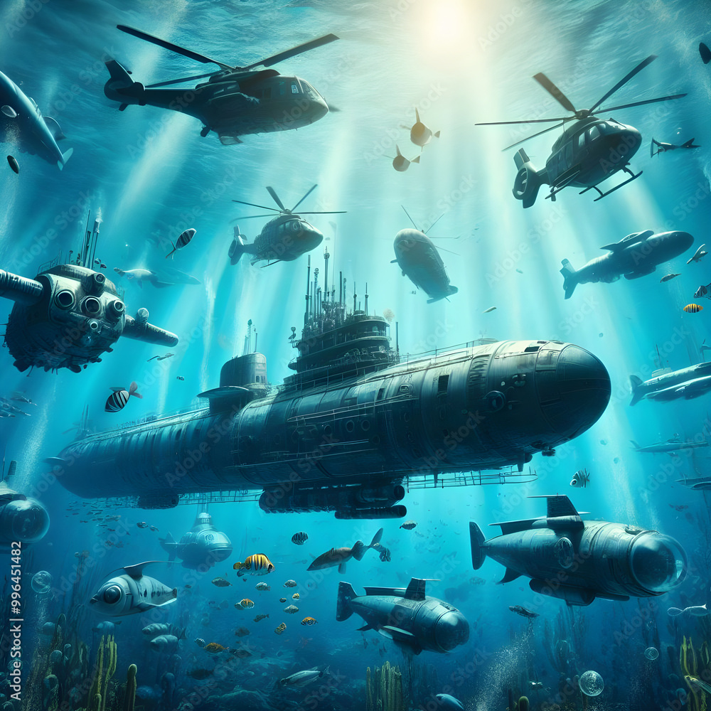 Naklejka premium Steampunk submarines and helicopters navigating a vibrant underwater world